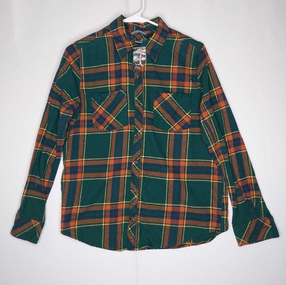 Natural Reflections Plaid Flannel Button Shirt Womens Small Green Orange Cotton